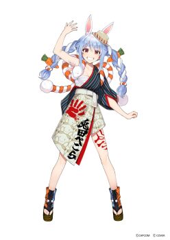 Rule 34 | 1girl, alternate costume, animal ear fluff, animal ears, arm up, asymmetrical skirt, blue hair, blue kimono, carrot hair ornament, chest sarashi, clenched hand, copyright name, cosplay, e. honda, e. honda (cosplay), food-themed hair ornament, full body, grey skirt, grin, hadanugi dousa, hair ornament, handprint, hat, highres, hololive, japanese clothes, kimono, kouhaku nawa, layered skirt, leg tattoo, long hair, looking at viewer, mini hat, multicolored hair, official art, onimoti, open kimono, orange eyes, outstretched hand, pekomon (usada pekora), platform shoes, print skirt, rabbit ears, rabbit girl, rope, sarashi, second-party source, shimenawa, simple background, skirt, smile, solo, standing, straight-on, street fighter, street fighter 6, striped clothes, striped kimono, tasuki, tattoo, toes, twintails, two-tone hair, usada pekora, virtual youtuber, white background, white hair