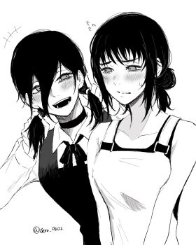 2girls apron blush chainsaw_man choker collared_shirt commentary_request cosplay costume_switch dress flying fourth_east_high_school_uniform greyscale hair_between_eyes hair_bun highres low_twintails madaosw medium_hair mitaka_asa monochrome multiple_girls neck_ribbon open_mouth pinafore_dress reze_(chainsaw_man) ribbon school_uniform shirt sleeveless sleeveless_dress sweat twintails twitter_username