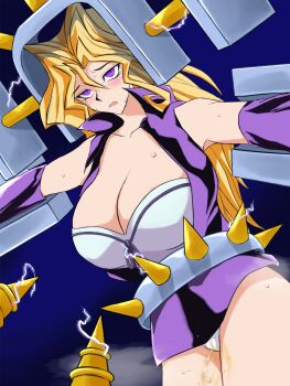 blonde_hair blush breasts cleavage drooling electricity electrodes electrostimulation highres jacket kujaku_mai large_breasts leather leather_jacket leather_skirt long_hair machine milkcarton_man panties pee peeing peeing_self purple_eyes purple_skirt restrained shiny_clothes skirt steam tears thick_thighs thighs torture underwear wet wet_clothes wet_panties white_panties yu-gi-oh! yu-gi-oh!_duel_monsters