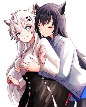 2girls animal_ears aqua_eyes arknights behind_another black_hair blush breasts closed_eyes closed_mouth commentary_request grabbing_another&#039;s_breast grabbing_from_behind groping hair_ornament hairclip highres lappland_(arknights) lappland_the_decadenza_(arknights) long_hair long_sleeves medium_breasts multiple_girls partial_commentary revision scar scar_across_eye scar_on_face shirt simple_background smile split_mouth texas_(arknights) texas_the_omertosa_(arknights) white_background white_hair white_shirt wolf_ears wolf_girl yoi_(a27963244) yuri