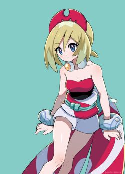 1girl blonde_hair blue_eyes blush bracelet breasts cleavage closed_mouth commentary_request eyelashes green_background hair_between_eyes hairband irida_(pokemon) jewelry knees medium_breasts nashirasauce nintendo pokemon pokemon_legends:_arceus red_hairband red_shirt sash shirt short_hair short_shorts shorts solo strapless strapless_shirt waist_cape white_shorts