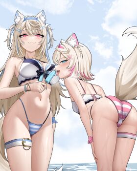 2girls :3 absurdres animal_ears ass bandaid bandaid_hair_ornament bent_over bikini blonde_hair blue_bikini blue_eyes blue_hair blue_hairband blue_nails blue_sky bracelet breasts cameltoe cat_ears closed_mouth crossed_bangs day dog_ears dog_girl dog_tail double-parted_bangs fake_horns food front-tie_bikini_top front-tie_top fuwawa_abyssgard hair_between_eyes hair_intakes hair_ornament hairband hairclip highleg highleg_bikini highres holding holding_food holding_popsicle hololive hololive_english hololive_summer_2023_swimsuit horn_hairband horns jewelry large_breasts long_hair mococo_abyssgard multicolored_hair multiple_girls nail_polish navel ocean official_alternate_costume open_mouth outdoors parallel_hairclips pink_bikini pink_eyes pink_hair pink_hairband popsicle raikkonen short_hair siblings sisters sky small_breasts stomach streaked_hair striped_bikini striped_clothes swimsuit tail thigh_strap tongue tongue_out twins two_side_up virtual_youtuber white_bikini x_hair_ornament