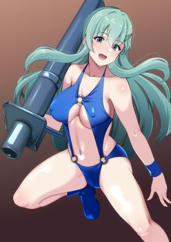 1girl bare_shoulders bazooka_(gundam) blue_boots boots breasts commission covered_erect_nipples green_eyes green_hair hair_ornament hairclip highres kantai_collection large_breasts leg_up linked_bikini long_hair navel o-ring o-ring_swimsuit open_mouth pixiv_commission smile solo suzuya_(kancolle) swimsuit tirasi_(so) wristband