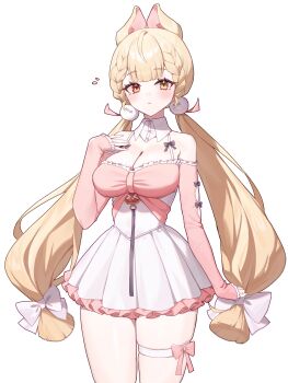 1girl absurdres alice_thymefield alternate_costume animal_ears balletcore bare_shoulders blonde_hair bow braid breasts closed_mouth commentary_request cowboy_shot detached_collar dress flying_sweatdrops hair_bow hair_ornament heterochromia highres large_breasts long_hair looking_at_viewer low_twintails pink_dress rabbit_ears rabbit_girl red_eyes simple_background solo sphere_hair_ornament standing taiyaki12 thighhighs twintails very_long_hair white_background white_bow yellow_eyes zenless_zone_zero