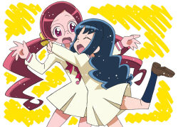 Rule 34 | 2girls, ^ ^, arms around neck, blue hair, blue socks, blunt bangs, blush stickers, border, bow, bowtie, brown footwear, buttons, closed eyes, commentary request, cowboy shot, dress, eyelashes, flower, glasses, hair flower, hair ornament, hanasaki tsubomi, hand on another&#039;s shoulder, heartcatch precure!, hug, kneehighs, kurumi erika, leg up, long hair, long sleeves, looking at another, low twintails, multiple girls, myoudou gakuen middle school uniform, open mouth, outline, outside border, outstretched arms, own hands together, pink bow, pink bowtie, pink eyes, pink hair, pleated skirt, precure, raised eyebrow, round eyewear, school uniform, shirakawa mayumi, shoes, short dress, simple background, skirt, smile, snowing, socks, twintails, uwabaki, very long hair, wavy eyebrows, wavy hair, white border, white outline, yellow background, yellow dress, yellow flower, yellow sleeves