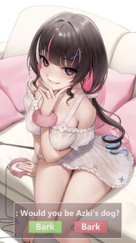 1girl absurdres azki_(hololive) azki_(yurufuwa_casual)_(hololive) barefoot black_hair blunt_bangs breasts cleavage collar colored_inner_hair commentary couch dress english_commentary english_text frilled_dress frills grin hair_ornament hairclip highres hololive indoors large_breasts long_hair looking_at_viewer low_twintails mole mole_under_eye multicolored_hair off-shoulder_dress off_shoulder official_alternate_costume official_alternate_hairstyle on_couch pink_collar pink_hair pleated_dress purple_eyes short_dress short_sleeves sidelocks sitting smile solo somebody_(leiking00) translated twintails unworn_collar virtual_youtuber white_dress