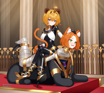 2girls absurdres ancient_egyptian ancient_egyptian_clothes animal_ear_fluff animal_ears bdsm black_bodysuit blonde_hair blue_eyes bodysuit bodysuit_under_clothes bound breasts bridal_gauntlets controller crossed_legs egg_vibrator egypt elbow_gloves female_focus forniphilia gloves gold green_eyes hand_on_another&#039;s_head heart high_heels highres holding holding_remote_control human_furniture immobilization indoors jewelry latex latex_bodysuit maguro27 medium_breasts multiple_girls mummification_(bound) orange_hair original remote_control remote_control_vibrator sex_toy shiny_clothes short_hair sitting sitting_on_person skin_tight spoken_heart tail thighlet uraeus usekh_collar variant_set vibrator wavy_mouth yuri