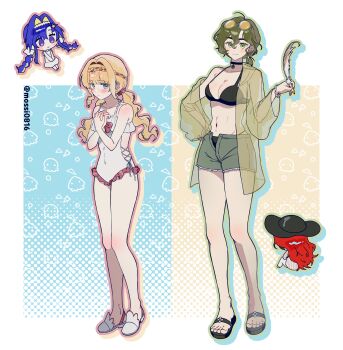 1boy 3girls absurdres ahoge aleph_(reverse:1999) alternate_costume bare_shoulders bikini bikini_shorts black_bikini black_choker black_hat blonde_hair blue_eyes blue_hair blush bracelet braid braided_bangs breasts chibi chibi_inset choker cleavage collarbone colored_inner_hair covered_navel cutoffs dress eyewear_on_head flat_chest full_body green_eyes green_hair green_shorts groin hair_between_eyes hair_intakes hair_ornament hand_on_own_hip hat highres holding holding_quill jacket jewelry kiperina large_breasts long_hair long_sleeves looking_at_viewer low_ponytail low_twin_braids low_twintails midriff mole mole_under_eye mossi_(mossi0816) multicolored_hair multiple_girls navel off_shoulder one-piece_swimsuit ponytail quill recoleta_(reverse:1999) red_hair reverse:1999 sandals see-through_clothes see-through_jacket short_hair short_ponytail short_shorts shorts sidelocks single_bare_shoulder sleeveless sleeveless_dress slippers smile standing star_(symbol) star_hair_ornament sun_hat sundress sunglasses swimsuit twin_braids twintails twitter_username very_long_hair voyager_(reverse:1999) white_one-piece_swimsuit