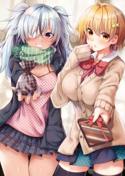 2girls :o black_skirt blonde_hair blue_nails blush bow bowtie box breasts brown_cardigan cardigan clenched_teeth commentary_request dokyuu_hentai_hxeros eyepatch gift gift_box green_scarf grey_hair hair_ornament hoshino_kirara large_breasts long_sleeves looking_at_viewer medium_hair multiple_girls murasame_shiko nail_polish official_art plaid_bow plaid_clothes plaid_skirt polka_dot purple_eyes red_bow red_bowtie ryouma_(galley) scarf shirt short_hair skirt sleeves_past_wrists smile striped_clothes striped_scarf teeth twintails vertical-striped_clothes vertical-striped_scarf white_shirt yellow_eyes