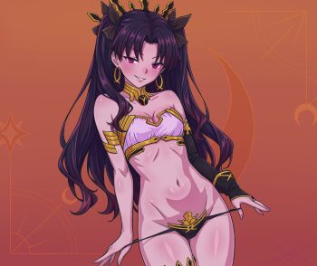 1girl arm_warmers armlet asymmetrical_legwear asymmetrical_sleeves bikini black_hair blush breasts cleavage detached_sleeves earrings elbow_gloves fate/grand_order fate_(series) gloves hair_ribbon highres hoop_earrings ishtar_(fate) jewelry long_hair long_legs looking_at_viewer mismatched_bikini navel neck_ring open_mouth parted_bangs red_eyes ribbon shirenai single_arm_warmer single_detached_sleeve single_elbow_glove single_thighhigh smile solo swimsuit thighhighs tiara two_side_up uneven_legwear uneven_sleeves