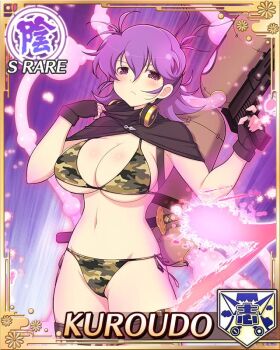 1girl backpack bag bikini black_mask border breasts camouflage camouflage_bikini card_(medium) cleavage closed_mouth english_text fingerless_gloves frown game_cg gloves groin gun holding holding_gun holding_weapon hose kuroudo_(senran_kagura) large_breasts looking_at_viewer mask medium_hair messy_hair mouth_mask navel non-web_source official_alternate_costume official_art poison purple_eyes purple_hair removing_mask senran_kagura senran_kagura_new_wave side-tie_bikini_bottom solo swimsuit thighhighs weapon