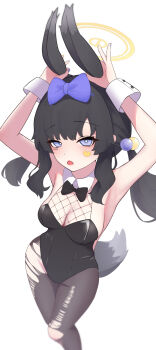 1girl animal_ears black_leotard blue_archive breasts cleavage commentary_request etonomikoto fishnet_pantyhose fishnets hibiki_(blue_archive) highleg highleg_leotard highres leotard looking_at_viewer pantyhose playboy_bunny rabbit_pose solo strapless strapless_leotard tail