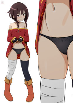 1girl absurdres bandaged_leg bandages black_collar black_gloves black_panties black_thighhighs blush boots brown_hair close-up closed_mouth clothes_lift collar collarbone commentary_request dress dress_lift fingerless_gloves full_body gloves gluteal_fold highres knee_boots kono_subarashii_sekai_ni_shukufuku_wo! legs lifting_own_clothes loli looking_at_viewer megumin navel panties red_boots red_dress red_eyes short_hair short_hair_with_long_locks simple_background single_thighhigh sirokohi smile standing stomach thighhighs underwear white_background