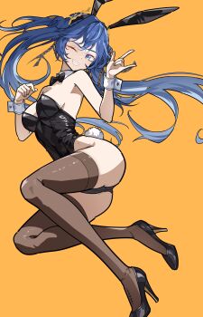 1girl absurdres animal_ear_hairband animal_ears bare_shoulders black_bow black_bowtie black_leotard black_shoes black_thighhighs blue_eyes blue_hair bow bowtie breasts commentary english_commentary fake_animal_ears grin hairband high_heels highres iuno_(wuthering_waves) laurel_crown leg_focus leotard long_hair looking_at_viewer medium_breasts one_eye_closed orange_background playboy_bunny rabbit_ear_hairband rabbit_ears revision ryeon_(naturesan) shoes simple_background smile solo tacet_mark_(wuthering_waves) thighhighs thighs twintails very_long_hair w wrist_cuffs wuthering_waves