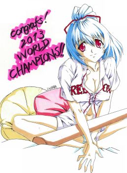 Rule 34 | baseball bat, baseball uniform, blue eyes, boston red sox, english text, major league baseball, no pants, ponytail, red eyes, ribbon, sportswear