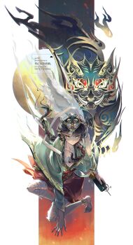 1girl absurdres bandaged_leg bandages barefoot black_hair braid cape cellphone chinese_clothes closed_mouth floating_hair full_body fur_cape green_hanfu hand_on_ground hanfu highres holding holding_phone leg_wrap liang_yue_(reverse:1999) long_hair looking_at_viewer low_twin_braids mark_under_both_eyes mask mask_on_head miniskirt monster phone qiangliang_(reverse:1999) red_skirt reverse:1999 skirt solo squatting summoning twin_braids volcanoyyy watermark white_background white_cape wide_sleeves yellow_eyes