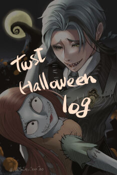 1boy 1girl english_text gloves highres jade_leech long_hair looking_at_viewer male_focus moon multicolored_hair natade_coo_coo night_raven_college_school_uniform patchwork_clothes patchwork_skin sally_(nbc) school_uniform shirt short_hair simple_background smile stitches streaked_hair striped_clothes the_nightmare_before_christmas twisted_wonderland upper_body