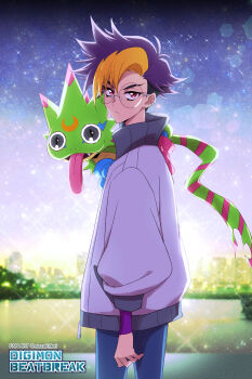 1boy animal animal_on_shoulder blonde_hair blue_hair blue_pants commentary_request copyright_name cowboy_shot digimon digimon_(creature) digimon_beatbreak gecko gekkomon glasses highres jacket male_focus mazaki_kei mole mole_under_mouth pants purple_eyes round_eyewear standing tenma_tomoro tongue tongue_out twitter_username white_jacket