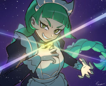 apron artist_name black_dress dress glowing green_eyes green_hair highres juliet_sleeves lebanne_(pokemon) long_hair long_sleeves looking_at_viewer maid maid_apron maid_headdress mega_stone nintendo pokemon pokemon_legends:_z-a puffy_sleeves seer042 signature upper_body very_long_hair