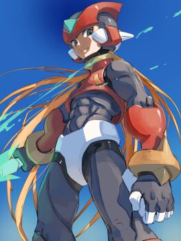 Rule 34 | 1boy, absurdres, armor, black eyes, blonde hair, blue background, commentary request, cowboy shot, energy sword, forehead jewel, helmet, highres, holding, holding sword, holding weapon, long hair, male focus, mega man (series), mega man zero (series), omochi (mochi skymega), red armor, red helmet, simple background, solo, sword, weapon, zero(z) (mega man), zero (mega man)