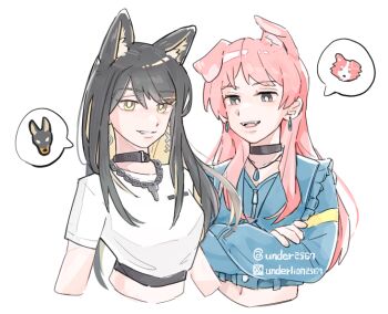 Rule 34 | 2girls, animal ears, bang dream!, bang dream! it's mygo!!!!!, bang dream! our notes, black choker, black hair, blonde hair, blue jacket, chain, chain necklace, chihaya anon, choker, colored inner hair, commentary request, crop top, crossed arms, dog ears, dog girl, earrings, fang, fangs, grey eyes, jacket, jewelry, kemonomimi mode, long hair, multicolored hair, multiple girls, necklace, pink hair, shirt, suga raika, trait connection, underlion2567, white shirt, yellow eyes