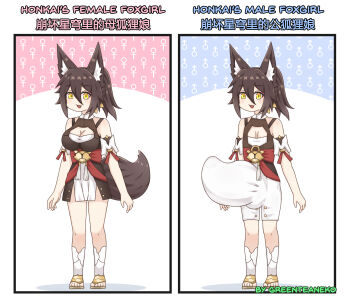 1boy 1girl absurdres animal_ears breasts bulge crossdressing fox_ears fox_girl fox_tail greenteaneko highres honkai:_star_rail honkai_(series) medium_breasts sandals skirt tail tingyun_(harmony)_(honkai:_star_rail) tingyun_(honkai:_star_rail) what