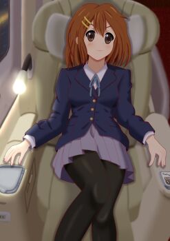 absurdres blazer brown_eyes e5_hayabusa gran_class highres hirasawa_yui jacket k-on! light medium_hair neck_ribbon pantyhose ribbon sakuragaoka_high_school_uniform school_uniform seat shinkansen skirt train_interior