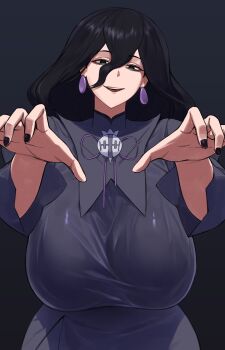 1girl absurdres alternate_breast_size_(larger) bags_under_eyes black_hair black_nails breasts dress earrings gigantic_breasts hair_between_eyes hex_maniac_(pokemon) hex_maniac_(pokemon_legends:_z-a) highres jewelry juliet_sleeves long_hair long_sleeves looking_at_viewer nintendo pokemon pokemon_legends:_z-a puffy_sleeves shou_illust simple_background solo