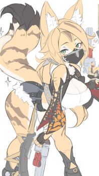 1girl animal_ear_fluff animal_ears bare_shoulders bent_over black_gloves black_mask blonde_hair blue_shorts body_fur breasts cat_ears cat_girl cat_tail cleavage crop_top cross-laced_clothes cross-laced_sleeves dual_wielding feet_out_of_frame fingerless_gloves fur-trimmed_shorts fur_trim furry furry_female gloves green_eyes gun heart highres holding holding_gun holding_weapon jellcaps large_breasts long_hair looking_at_viewer mask mouth_mask multicolored_fur pulchra_fellini shirt shorts simple_background solo sparkle spoken_heart tail weapon white_background white_shirt yellow_fur zenless_zone_zero