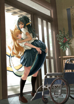 159cm 2girls animal_ear_fluff animal_ears banner black_hair black_skirt black_socks blonde_hair blue_eyes blush breasts brown_shoes carrying carrying_person commentary_request disability_assistance doorway fang fins flower fox_ears fox_girl fox_tail full_body green_eyes hand_on_another&#039;s_shoulder head_fins helping highres indoors kneehighs large_breasts loafers long_hair looking_at_another mermaid mermaid_out_of_environment miniskirt monster_girl multiple_girls open_mouth original plant pleated_skirt potted_plant red_flower school_uniform shirt shoes short_sleeves skin_fang skirt sliding_doors smile socks split_ponytail standing tail tile_floor tiles vase wheelchair white_shirt