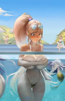 4girls absurdres ahoge bare_shoulders bikini black_bikini blonde_hair blue_bikini bob_cut breasts brown_hair chest_jewel cleavage collarbone colored_inner_hair dark-skinned_female dark_skin day feather_hair_ornament feathers flat_chest food fruit gem gold_bikini grey_hair hair_ornament hammer highres holding holding_hammer hololive hololive_english jewel_under_eye koseki_bijou large_breasts long_hair looking_at_viewer multicolored_hair multiple_girls nanashi_mumei navel nikatsun one-piece_swimsuit open_clothes partially_submerged pink_hair planet_hair_ornament pool poolside purple_hair smile streaked_hair string_bikini summer swimsuit tsukumo_sana untied_bikini very_long_hair virtual_youtuber wardrobe_malfunction watermelon watson_amelia wet yellow_eyes