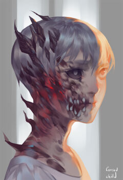 1boy black_sclera brown_eyes closed_mouth colored_sclera commentary corruption from_side grey_eyes grey_hair hair_between_eyes hashtag-only_commentary horns looking_up lydialing_draws male_focus mismatched_sclera nose original portrait shirt short_hair solo teeth very_short_hair white_shirt