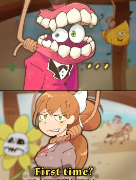 1girl bill_cipher blazer blue_eyes blurry blurry_background blush blush_stickers brown_hair brown_jacket caine_(the_amazing_digital_circus) commentary corrupted_twitter_file crossover doki_doki_literature_club elunityxd english_commentary english_text flowey_(undertale) gallows gravity_falls green_eyes heterochromia highres horse jack_black jacket james_franco_first_time?_(meme) long_hair meme monika_(doki_doki_literature_club) noose one-eyed red_jacket rope spoilers subtitled suit_jacket teeth tenacious_d the_amazing_digital_circus the_ballad_of_buster_scruggs undertale utdr_(toby_fox)