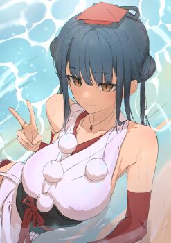 Rule 34 | 1girl, absurdres, bare shoulders, beach, black hair, black sash, breasts, bridal gauntlets, brown eyes, closed mouth, clothing cutout, commentary request, double-parted bangs, double bun, hair bun, hat, highres, hip vent, japanese clothes, kaekae kaeru, kimono, large breasts, light blush, nijisanji, obi, obijime, pom pom (clothes), reclining, red bridal gauntlets, red hat, sash, shallow water, short kimono, side up bun, sleeveless, sleeveless kimono, slit pupils, smile, solo, sweat, tokin hat, twintails, twintails with hair base, v, very sweaty, virtual youtuber, water, white kimono, wispy bangs, yamagami karuta, yamagami karuta (1st costume)