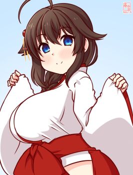 1girl ahoge artist_logo black_hair blue_background blue_eyes braid breasts clothing_cutout commentary_request cowboy_shot dated hair_between_eyes hair_flaps hair_over_shoulder hakama hip_vent japanese_clothes kanon_(kurogane_knights) kantai_collection kimono large_breasts logo long_hair looking_at_viewer miko one-hour_drawing_challenge red_hakama shigure_(kancolle) shigure_kai_san_(kancolle) single_braid smile solo w_arms white_kimono