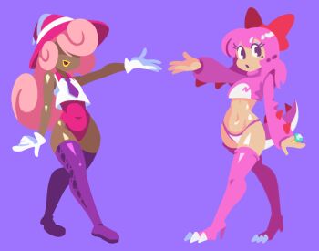 2girls birdo dark-skinned_female dark_skin eyelashes eyeshadow female_focus flat_chest gloves hair_ribbon hat humanization jewelry lipstick long_hair makeup mario_(series) minuspal multiple_girls nintendo panties paper_mario paper_mario:_the_thousand-year_door personification pink_hair purple_background purple_eyes red_ribbon ribbon ring thick_thighs thighs underwear vivian_(paper_mario) white_gloves wide_hips witch_hat yellow_lips