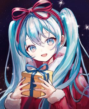 1girl absurdres aqua_eyes aqua_hair blue_bow blue_nails bow box christmas coat commentary_request fur-trimmed_sleeves fur_trim gift gift_box hair_ribbon hatsune_miku highres holding long_hair long_sleeves looking_at_viewer open_mouth pipi_(pipinavigation) red_ribbon ribbon sidelocks sky smile sparkle star_(sky) starry_sky twintails vocaloid winter_clothes winter_coat