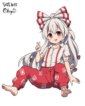 1girl absurdres artist_name chups fujiwara_no_mokou grey_hair hair_ribbon highres long_hair open_mouth pants red_eyes ribbon shirt smile solo touhou v white_ribbon white_shirt