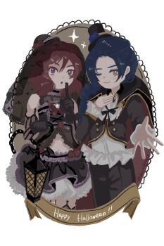 2girls bangs_pinned_back black_gloves blue_hair closed_mouth finger_to_mouth gloves halloween happy_halloween hat highres holding holding_lantern index_finger_raised lantern looking_at_viewer love_live! love_live!_school_idol_project multiple_girls nishikino_maki ohayo_tamago one_eye_closed outstretched_hand pants purple_eyes red_hair simple_background skirt sonoda_umi top_hat white_background yellow_eyes