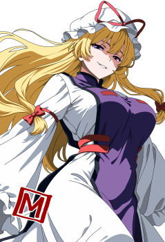 1girl blonde_hair bow breasts commentary dress evil_grin evil_smile frilled_hat frilled_sleeves frills from_below grin hair_bow hat highres large_breasts long_hair long_sleeves looking_at_viewer m-eiji mob_cap purple_eyes purple_tabard red_bow shaded_face simple_background smile solo tabard touhou very_long_hair white_background white_dress white_hat yakumo_yukari