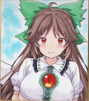1girl bow breasts brown_hair commentary_request dated green_bow hair_bow highres hoshi_tea_party large_breasts long_hair looking_at_viewer red_eyes reiuji_utsuho shikishi short_sleeves signature solo third_eye touhou traditional_media upper_body