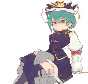 1boy 1girl 4qw5 black_hat black_skirt black_thighhighs black_vest blush bow breasts buttons closed_mouth commentary_request epaulettes expressionless faceless faceless_male feet_out_of_frame frilled_hat frills green_eyes green_hair hat head_between_thighs highres long_sleeves red_bow ribbon-trimmed_skirt ribbon-trimmed_thighhighs ribbon_trim scissorhold shiki_eiki shirt short_hair simple_background sitting skirt sleeve_bow small_breasts solo_focus thighhighs touhou vest white_background white_shirt