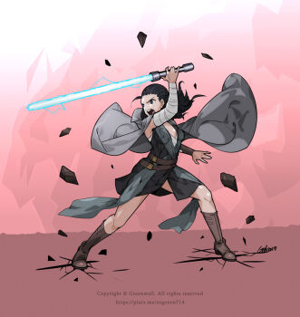 Rule 34 | 1girl, 2017, animification, artist name, bandaged arm, bandages, belt, black hair, blue eyes, boots, breasts, cloak, copyright notice, crack, cracked floor, energy sword, english text, female focus, greenwall, lightsaber, long hair, multiple belts, rey (star wars), rock, round teeth, signature, small breasts, solo, star wars, star wars: the last jedi, sword, teeth, weapon