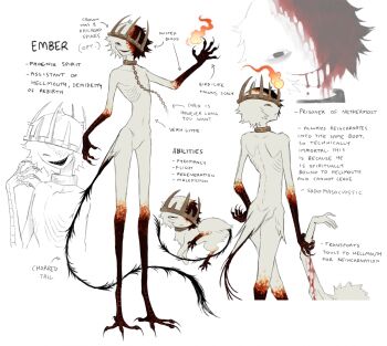 Rule 34 | 1boy, 1other, bird legs, black tail, blood, blood from mouth, blood on arm, blood on face, chibi, chibi inset, closed mouth, commentary, corpse, crown, dragging, ember (jejejunum), english commentary, english text, feather tail, feathers, fire, frown, full body, highres, jejejunum, monster boy, open mouth, original, pyrokinesis, reference sheet, reincarnation, ribs, rust, short hair, simple background, skinny, smile, spirit, standing, talons, white background