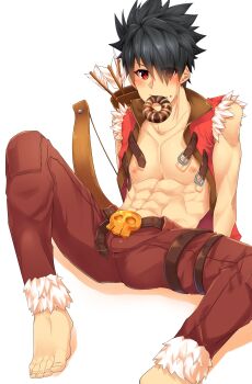 1boy abs absurdres alternate_color arrow_(projectile) barefoot black_hair blush bow_(weapon) brown_pants bulge closed_mouth commentary dong_chen donut english_commentary food food_in_mouth full_body fur-trimmed_shirt fur_trim highres holding holding_bow_(weapon) holding_weapon looking_at_viewer male_focus mouth_hold nipples open_clothes open_shirt pants quiver ragnarok_online red_eyes red_shirt shirt short_hair simple_background sitting sleeveless sleeveless_shirt sniper_(ragnarok_online) solo spiked_hair toned toned_male weapon white_background
