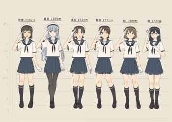 10s 6+girls absurdres alternate_costume arm_behind_back ayanami_(kancolle) beret black_footwear black_socks blouse blue_hair brown_hair character_name chart commentary_request female_focus flat_color fubuki_(kancolle) full_body gloves hat height_chart height_difference highres kantai_collection key_kun kneehighs lineup long_hair looking_at_viewer multiple_girls murakumo_(kancolle) neckerchief oboro_(kancolle) open_mouth pantyhose pleated_skirt ponytail sailor_collar salute school_uniform serafuku shikinami_(kancolle) shirt shoes short_hair skirt smile socks standing thigh_gap translated ushio_(kancolle) white_gloves white_shirt