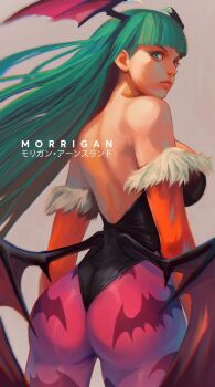1girl animal_print back bare_shoulders bat_print black_leotard blunt_bangs breasts bridal_gauntlets character_name darkstalkers demon_wings fur-trimmed_bridal_gauntlets green_eyes green_hair head_wings highres jade_law leotard long_hair looking_to_the_side morrigan_aensland pantyhose pink_pantyhose print_pantyhose solo strapless strapless_leotard very_long_hair wings