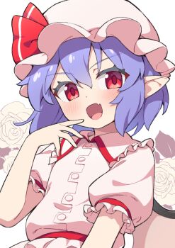 1girl bat_wings blush collared_shirt commentary_request fang flower frilled_shirt_collar frills hair_between_eyes hat hat_ribbon highres hiyaya_(kochi_michikaze) looking_at_viewer mob_cap open_mouth pink_hat pink_shirt pointy_ears puffy_short_sleeves puffy_sleeves purple_hair red_eyes red_ribbon remilia_scarlet ribbon rose shirt short_hair short_sleeves simple_background skin_fang solo touhou upper_body white_background wings