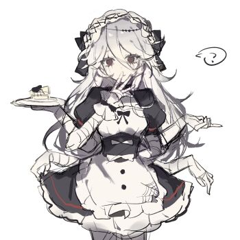 1girl ? apron arthropod_girl arthropod_limbs bandages black_bow black_dress black_eyes bow bug cake cake_slice closed_mouth dress extra_arms food frills hair_between_eyes hair_bow hairband highres holding holding_plate identity_v insect_girl long_hair looking_at_viewer maid maid_headdress plate prosthesis prosthetic_arm prosthetic_leg puffy_short_sleeves puffy_sleeves shangxindelucha6026 short_sleeves simple_background sketch smile solo speech_bubble spider spider_girl spoken_question_mark violetta_(identity_v) white_apron white_background white_hair wrist_cuffs