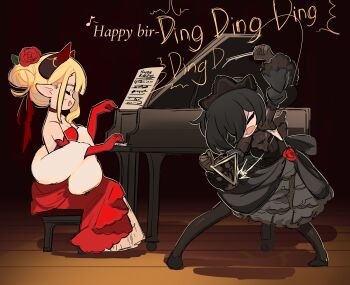 2girls absurdres bare_shoulders black_dress black_gloves black_hair black_pantyhose black_shoes blonde_hair borrowed_character centurii-chan choker closed_eyes commentary dress elbow_gloves english_commentary executioner_maid_(apprentice)_(centurii-chan) flareze_(porforever) flower gloves hair_bun hair_flower hair_ornament hair_over_one_eye hair_ribbon happy_birthday highres horns indoors instrument legs_apart multiple_girls open_mouth original pantyhose piano red_choker red_dress red_gloves red_ribbon ribbon sheet_music shoes sitting stool strapless strapless_dress triangle_(instrument)